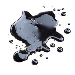 Poster - A dark colored viscous liquid spilled on a black background forming a large puddle and many smaller droplets.