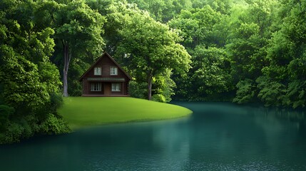 Poster - Tranquil House Beside Serene Green Lake