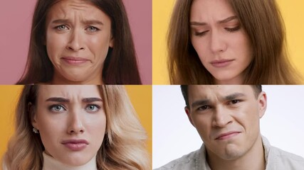 Poster - Four individuals showcase a spectrum of emotions, from joy to sadness, against vibrant backgrounds. This collection highlights human diversity and the complexity of feelings across different contexts.