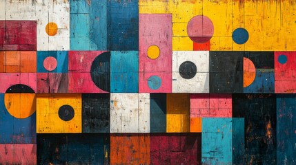 Poster - Abstract Geometric Composition with Vibrant Color Blocks and Circular Motifs