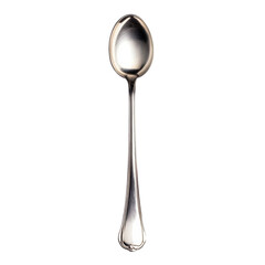 Aufkleber - A single elegant silver teaspoon is shown against a plain black background.  The spoon is shiny and appears to be made of high quality metal.