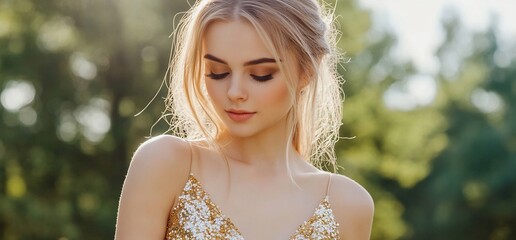 Wall Mural - Blonde woman in gold dress, park, sunlight