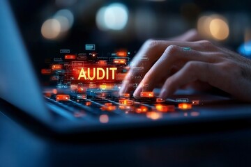 Poster - Person Conducting Digital Audit on Laptop With Data Graphics and Information Technology Background
