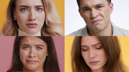 Poster - Four diverse individuals display various emotions against solid colored backgrounds. Their expressions reflect a mix of positivity and negativity, showcasing a deep emotional connection.