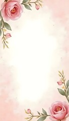 Wall Mural - Background. Soft pink floral frame with blooming roses, dark green leaves and elegant branches in spring. Watercolor illustration. Perfect for weddings or special occasions.