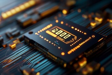 Poster - Close-Up of a Futuristic Microchip on a Circuit Board with Bright LED Lights and Electronic Patterns