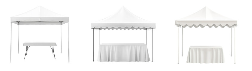 Poster - The image shows three different styles of white canopy tents each with a table underneath, suitable for events or marketing displays.