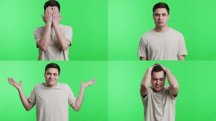 Leinwandbilder - A collection showcasing four individuals displaying a range of emotions on a bright green background. The expressions vary from joy to frustration, highlighting emotional diversity.