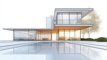 Wall Mural - Modern architectural design of a sleek house with glass walls and a reflecting pool