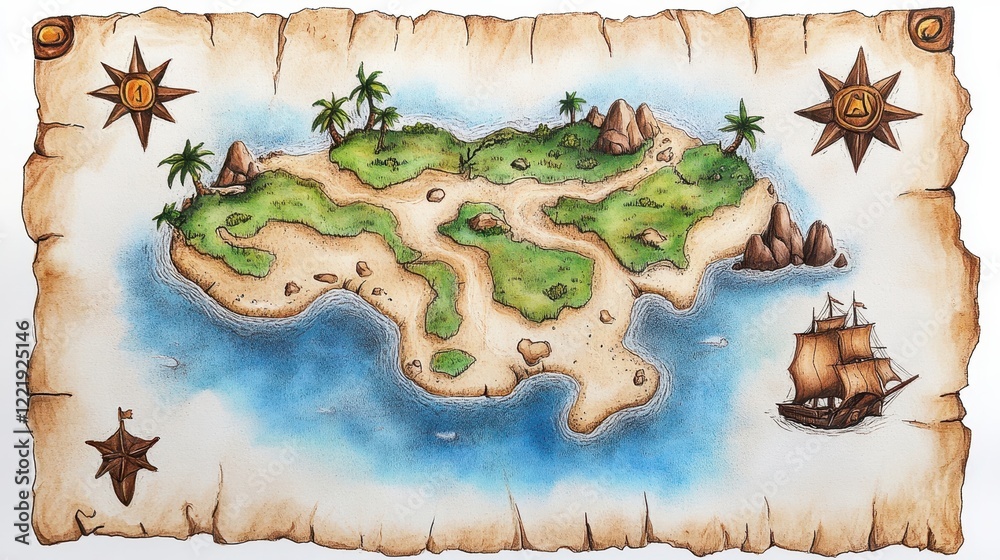 Vintage Treasure Map with Island, Ship, and Compass Rose Design Stock ...