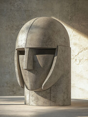 Artistic 3D rendering solid concrete helmet sculptures ancient warriors futuristic design,history innovation unique decor conceptual art,edgy,home,decor,vision,raw,bold,stone,minimal,sleek,clean