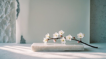 Serene spa banner featuring white marble stone and sakura flowers to promote luxury beauty and wellness products Realistic 3D Podium for Mockup