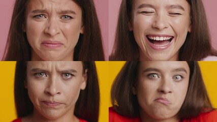 Poster - A collection of four individuals displaying a range of emotional expressions, showcasing joy, sadness, surprise, and confusion against colorful backgrounds. Each face tells a unique story.