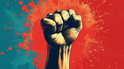 Powerful Fist Raised in Protest, Symbolizing Strength and Solidarity Against Injustice with Vibrant Color Splash