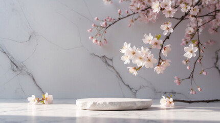 Spa banner design with white marble stone soft sakura flowers and a peaceful natural theme for beauty product promo Realistic 3D Podium for Mockup