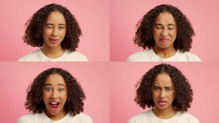 Poster - A multiracial person displays a variety of emotions in a collage, conveying surprise, confusion, and contemplation against a vibrant pink background. The setting emphasizes the emotional range.