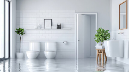 Poster - modern white bathroom featuring two toilets, flooded floor, and minimalistic decor. serene atmosphere is enhanced by plants and natural light
