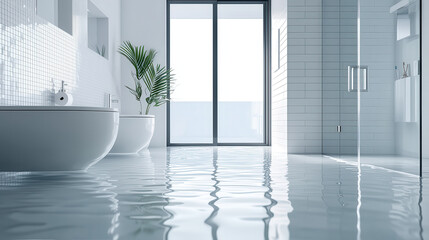 Aufkleber - modern white bathroom with half flooded floor, featuring sleek bathtub, large windows, and potted plant, creating serene and tranquil atmosphere