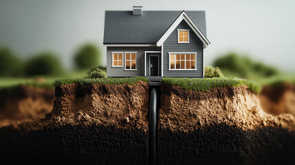Poster - modern two story house situated on grassy hill, showcasing unique underground feature. image evokes sense of curiosity and wonder about structure design and environment