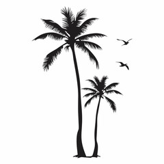 two palm trees stand tall in the foreground, with a flock of birds flying in the sky above them. the