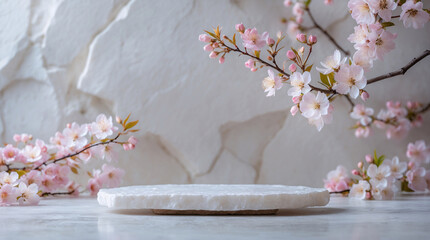 Beautiful nature themed spa banner showcasing marble stone sakura blossoms and serene visuals for wellness and beauty products Realistic 3D Podium for Mockup