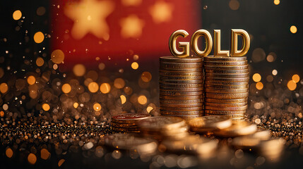Aufkleber - Gold coins stacked with word GOLD prominently displayed, creating luxurious and rich atmosphere. background features blurred flag, enhancing opulence of scene