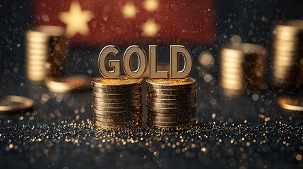 Aufkleber - Gold coins stacked with word GOLD prominently displayed, creating luxurious and rich atmosphere. background features blurred flag, enhancing theme of wealth