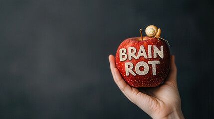 Aufkleber - hand holding red apple with words BRAIN ROT written on it, accompanied by small snail. image conveys playful and creative concept