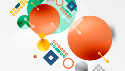 Poster - Minimalistic abstract vector design, layered geometric shapes circles, squares, and triangles with soft pastel gradients and semi-transparent effects. Perfect for contemporary use