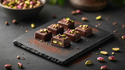 Poster - Decadent chocolate squares topped with pistachios on slate plate, surrounded by scattered nuts and cocoa powder, create inviting and luxurious dessert scene
