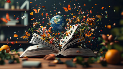 Aufkleber - large open book bursts with colorful flowers, butterflies, and Earth, symbolizing creativity and imagination
