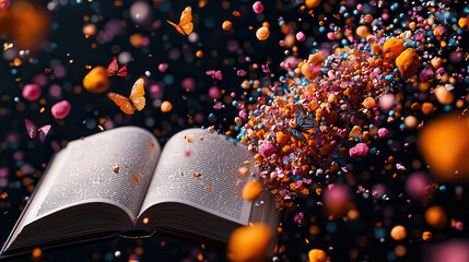 Poster - Open book surrounded by colorful particles and butterflies, creating whimsical and magical atmosphere. scene that inspires imagination and creativity