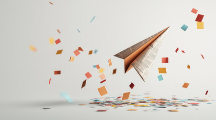 Poster - paper airplane made from newspaper flies through colorful confetti background, creating sense of joy and creativity. vibrant colors enhance playful atmosphere