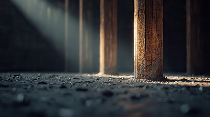Poster - Dimly lit interior with wooden pillars casting shadows on ground, creating mysterious atmosphere. Dust particles are visible in light beams, enhancing ambiance