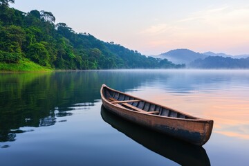  Serene Sunrise Over a Calm Lake With a Lone Wooden Boat