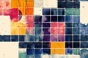 Poster - A vibrant abstract pattern composed of colorful squares and rectangles, blending shades of blue, orange, red, and white.