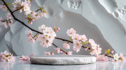 Beautiful spa promotional banner with sakura blossoms and marble stone to showcase wellness and beauty products Realistic 3D Podium for Mockup