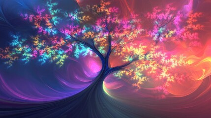 Poster - Vibrant Abstract Tree with Colorful Leaves and Swirling Backgrounds in a Dreamlike Setting Illustrating Nature's Beauty and Artistic Expression
