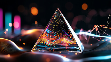 Fototapete - Digital art displaying a crystal pyramid on a vibrant abstract background studio illustration futuristic atmosphere