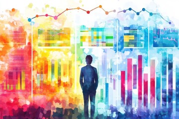 Poster - a vibrant, abstract representation of a person analyzing colorful data visualizations and graphs, sy