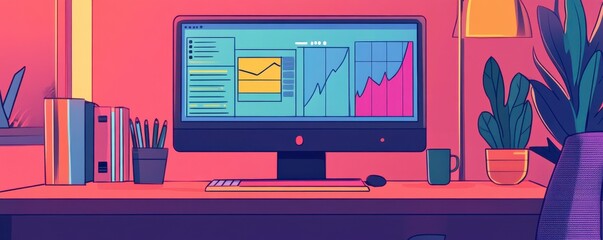 Poster - a vibrant workspace features a monitor displaying graphs and data, accompanied by plants and station
