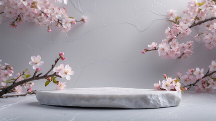 Elegant spa banner with marble stone and sakura blossoms to showcase premium beauty products and wellness solutions Realistic 3D Podium for Mockup