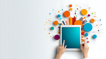 Poster - Interactive digital analysis modern workspace infographic display creative environment close-up view technology for insights