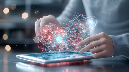 Poster - Innovative technology interaction digital workspace visual representation modern environment close-up view data visualization
