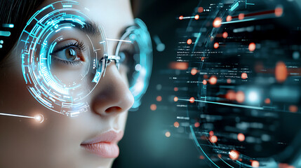 Poster - Exploring futuristic technology through a young woman's vision in a digital world close-up high-tech environment