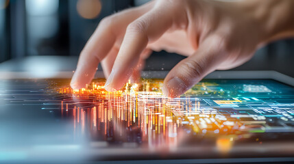 Poster - Innovative technology interaction digital workspace visual data analysis modern office close-up future concepts