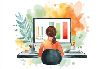 Poster - a woman analyzes data on a computer surrounded by a colorful, artistic splash background, showcasing