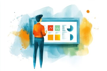 Poster - a person in an orange shirt analyzes data displayed on a digital screen, surrounded by colorful wate