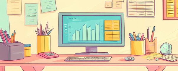 Poster - a colorful workspace featuring a computer with graphs, stationery, and organizational tools on a des