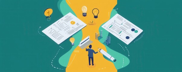 Poster - a person stands between two sets of documents, symbolizing decision-making, creativity, and planning